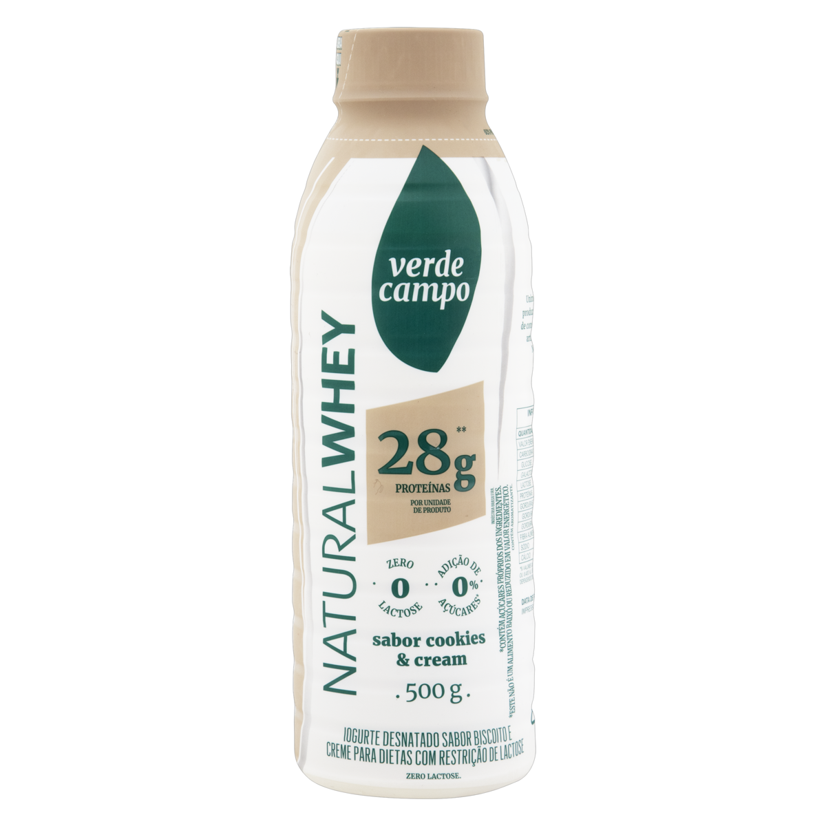 Iogurte Desnatado Cookies & Cream Zero Lactose Verde Campo Natural Whey 28g de Proteína Garrafa 500g