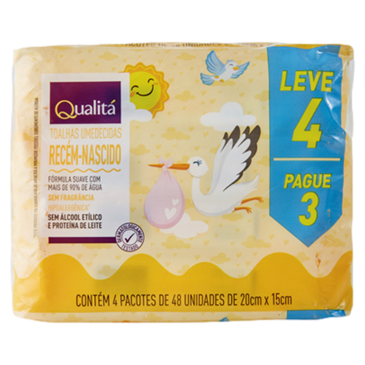Pack Toalha Umedecida Recém-Nascido sem Perfume Qualitá Pacote Leve 4 Pague 3 Unidades