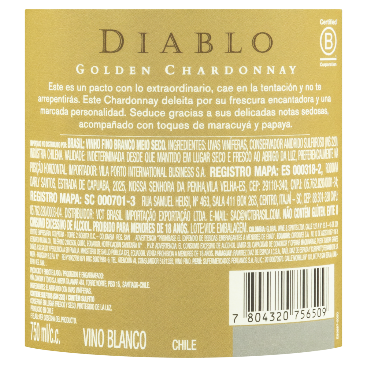 Vinho Branco Chileno Diablo Golden Chardonnay 750ml | Extra Mercado