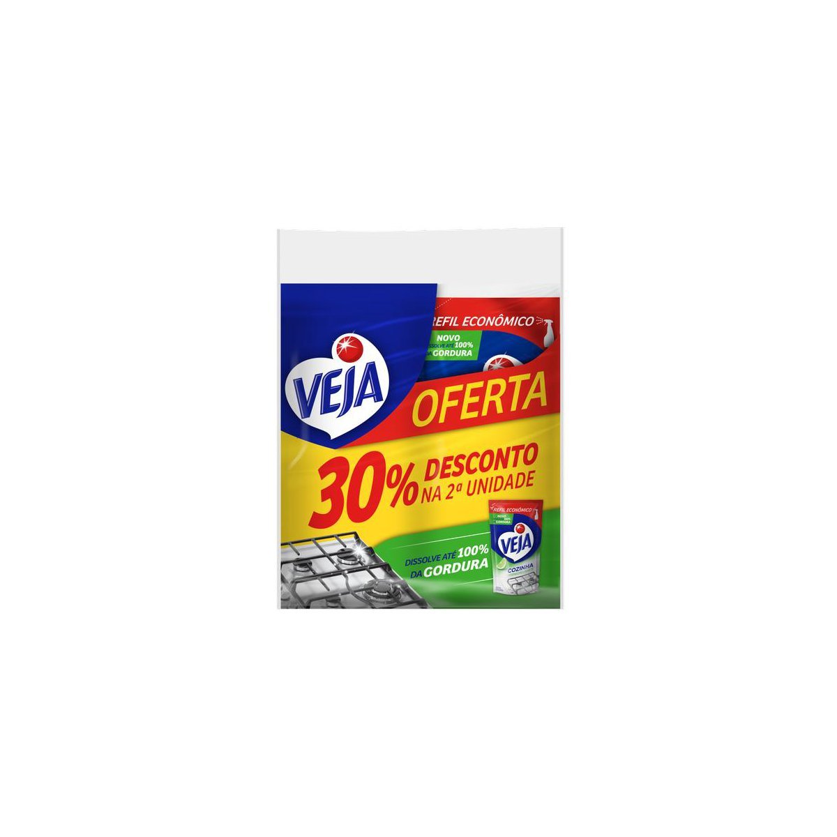 Pack Limpador Desengordurante Cozinha Limão Veja Sachê 2 Unidades 400ml Cada Grátis 30% Desconto na 2ª Unidade Refil Econômico
