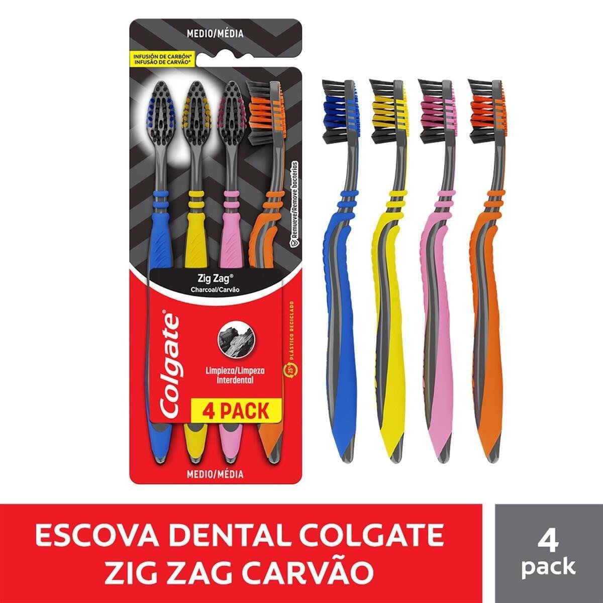 Escova Dental Macia Infusão de Carvão Colgate Zig Zag Cabeça Normal 4 Unidades