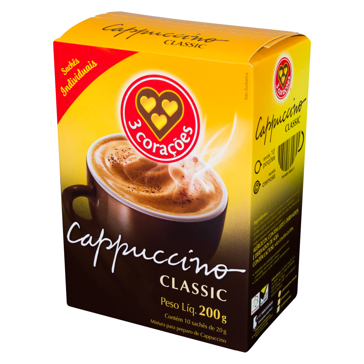 Cappuccino Solúvel Classic 3 Corações Caixa 200g 10 Unidades