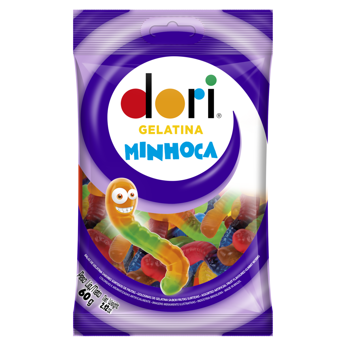 Bala de Gelatina Sortidos de Frutas Minhoca Dori Pacote 60g