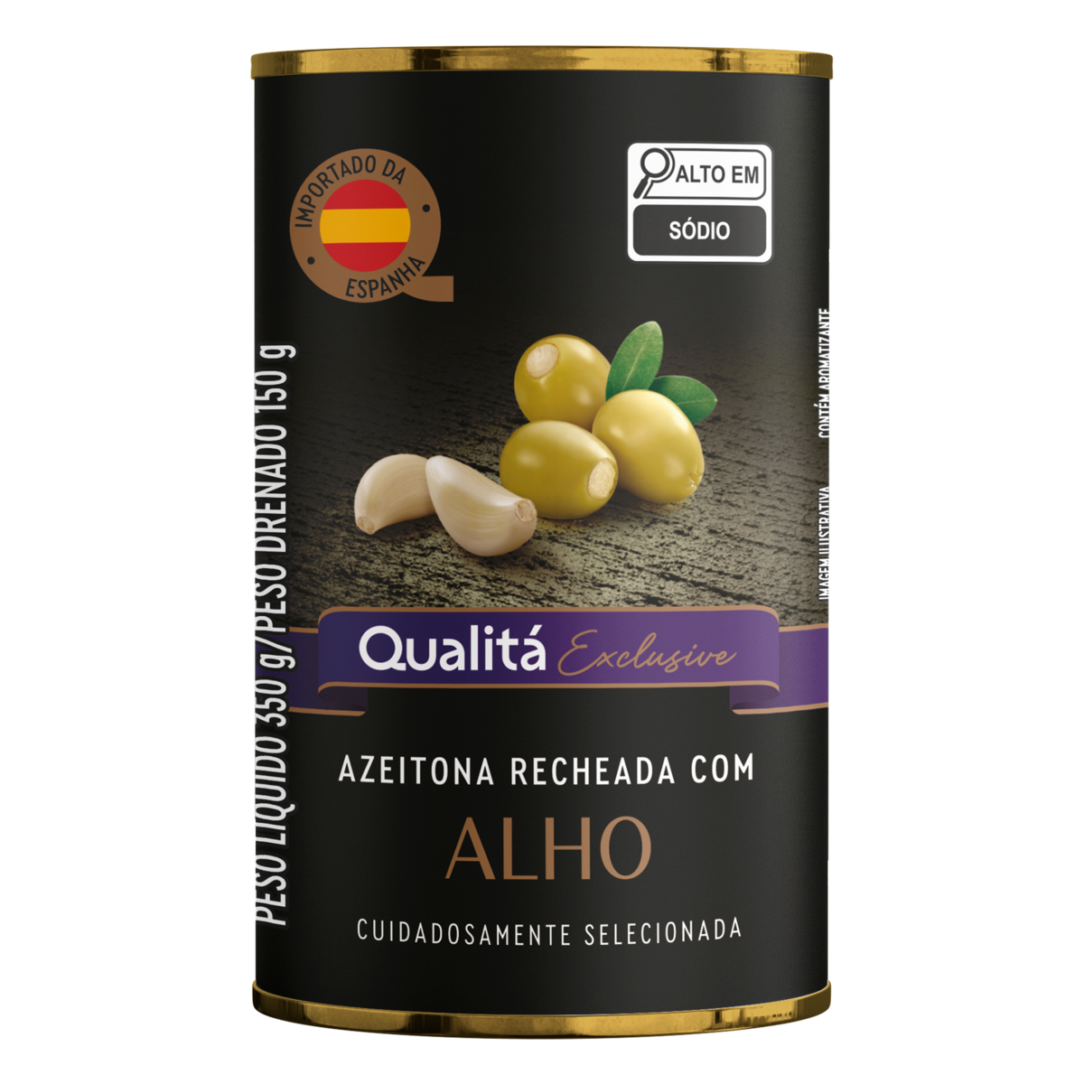 Azeitona Verde em Conserva Recheio Alho Qualitá Exclusive Lata Peso Liquido 350g Peso Drenado 150g