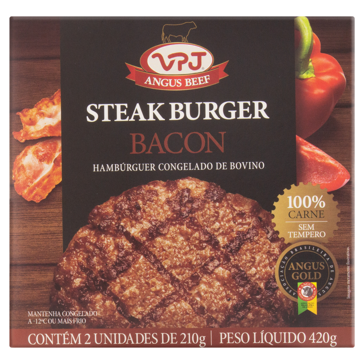 Hambúrguer de Carne Bovina Steak com Bacon VPJ Caixa 420g 2 Unidades