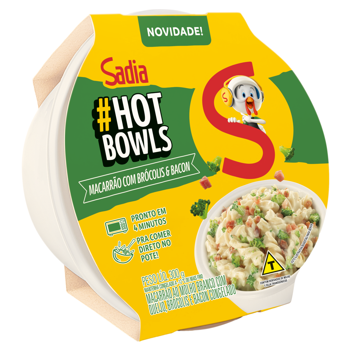 Macarrão ao Molho Branco com Queijo, Brócolis e Bacon Sadia Hot Bowls Pote 300g