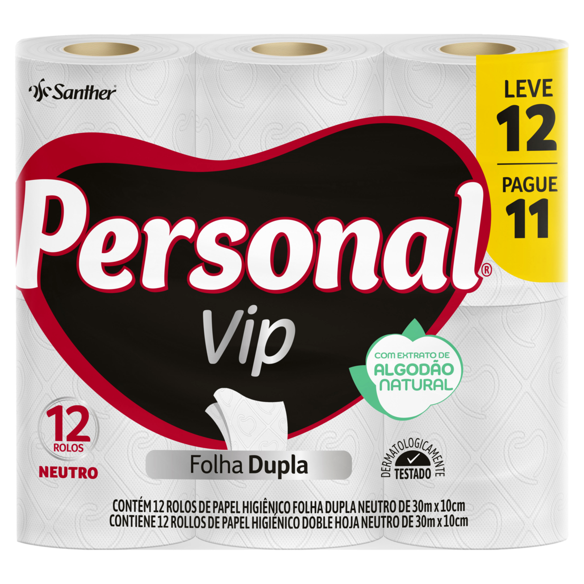 Papel Higiênico Folha Dupla Neutro Personal Vip 30m Pacote Leve 12 Pague 11 Unidades