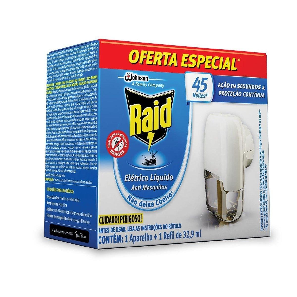Kit Aparelho Elétrico + Refil Repelente Líquido 45 Noites Raid 32,9ml