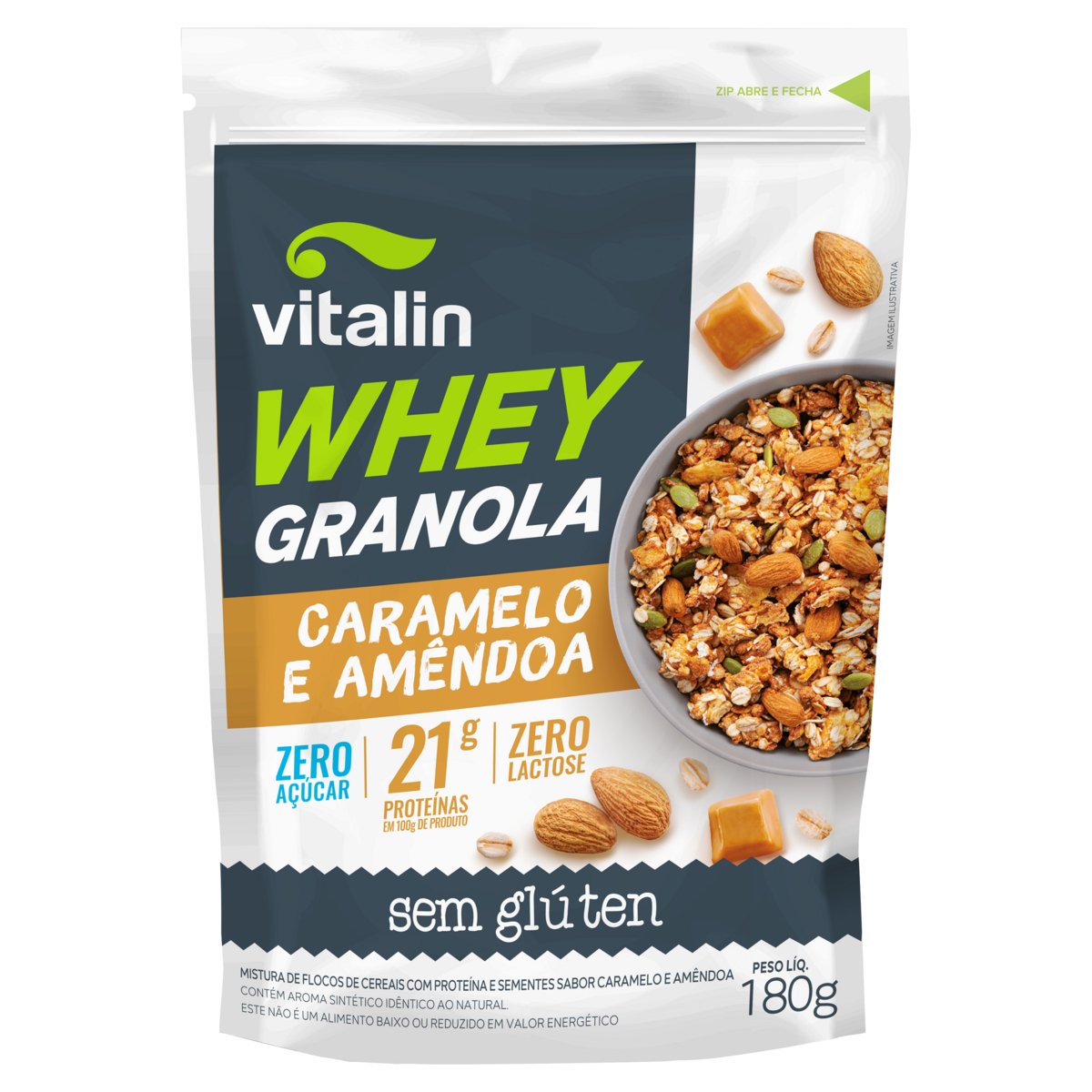 Granola Caramelo e Amêndoa sem Glúten Zero Açúcar Vitalin Whey Pouch 180g