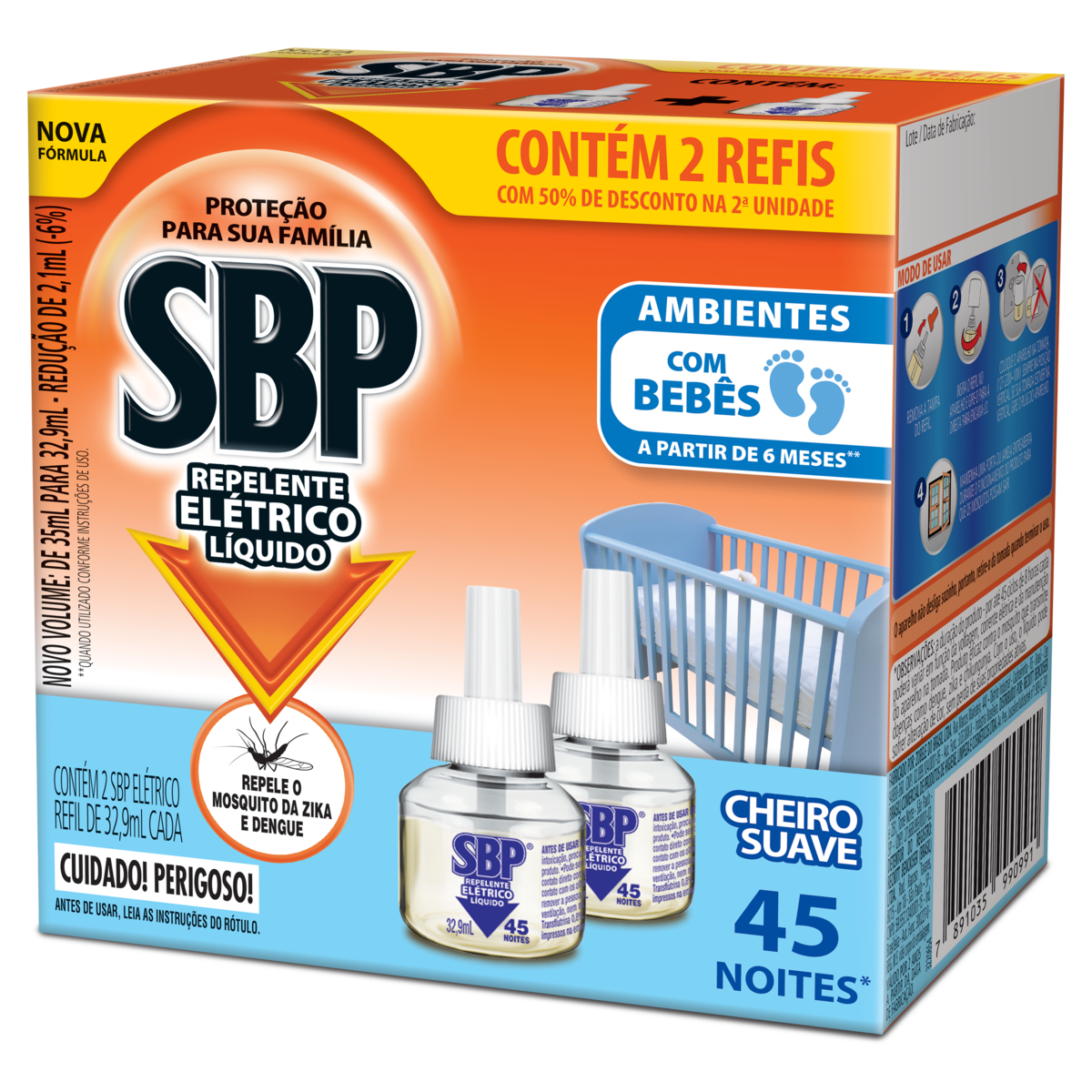 Repelente Líquido Elétrico Cheiro Suave SBP Caixa 2 Unidades 32,9ml Cada Grátis 50% de Desconto na 2ª Unidade Refil