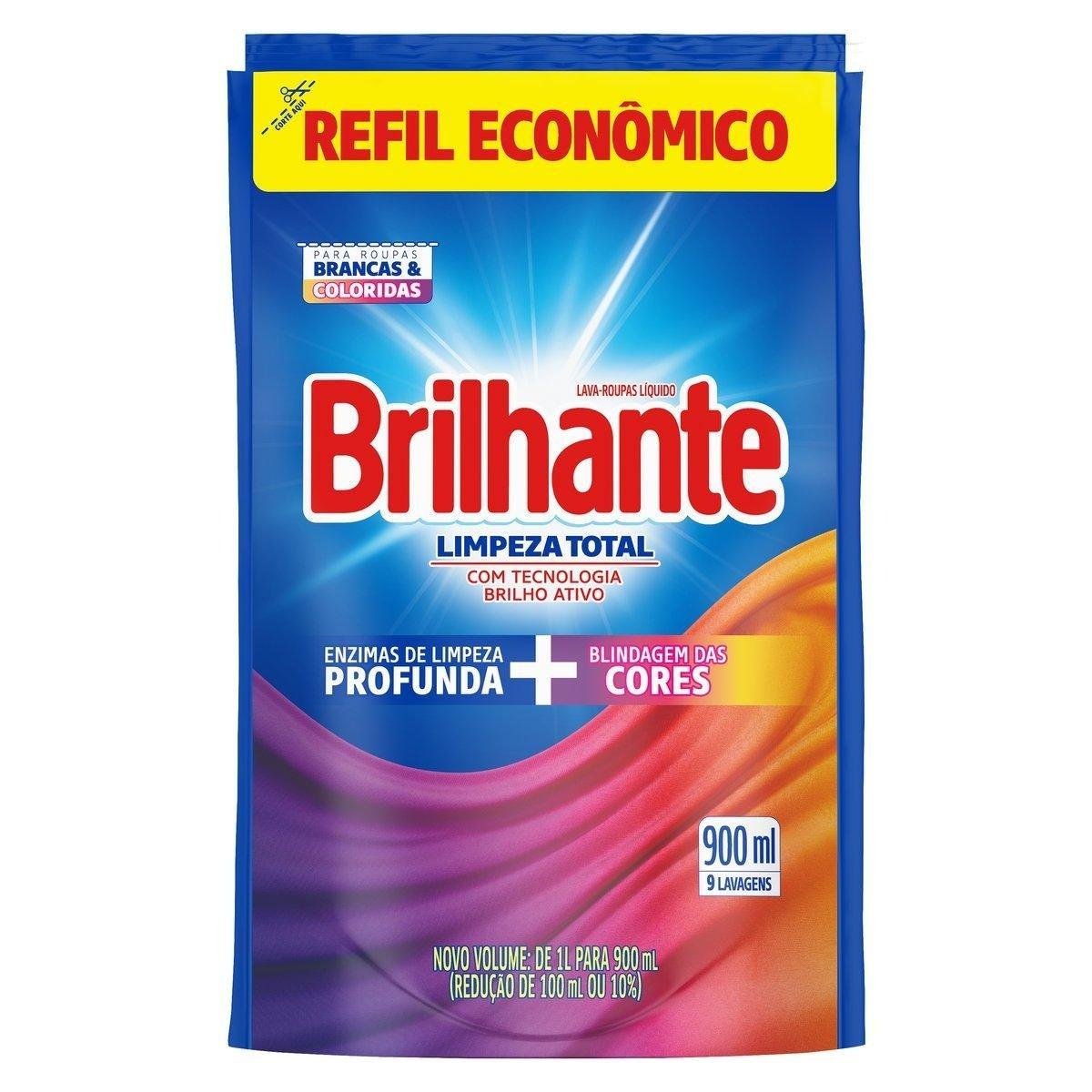 Lava-Roupas Líquido Roupas Brancas e Coloridas Brilhante Limpeza Total Sachê 900ml Refil Econômico