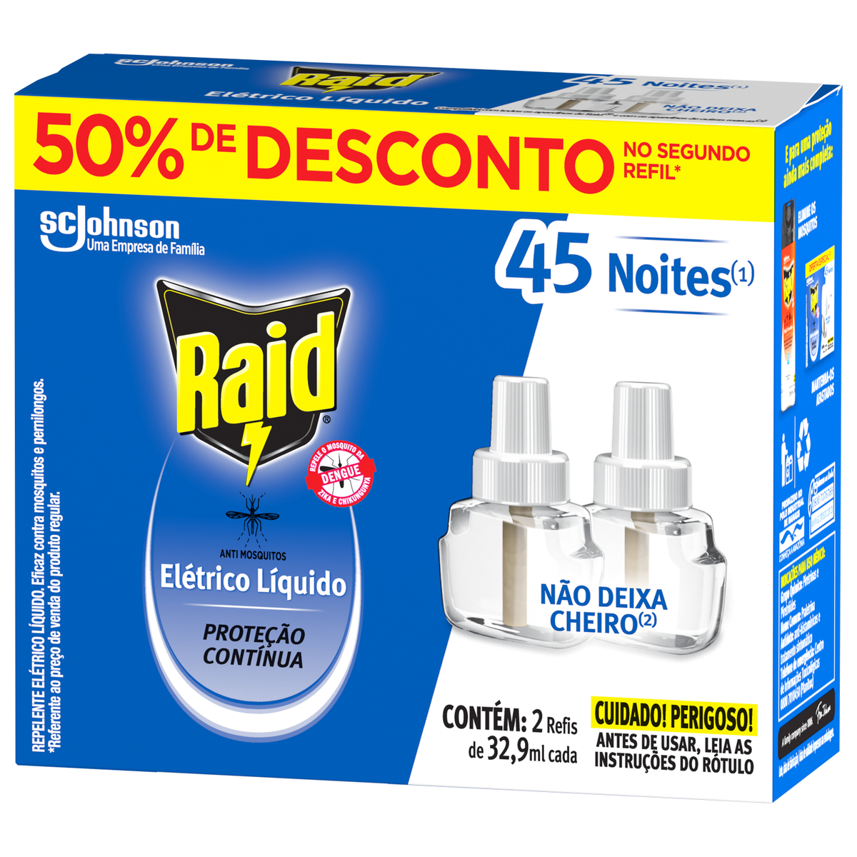 Repelente Líquido Elétrico 45 Noites sem Perfume Raid Caixa 2 Unidades 32,9ml Cada Grátis 50% de Desconto no Segundo Refil