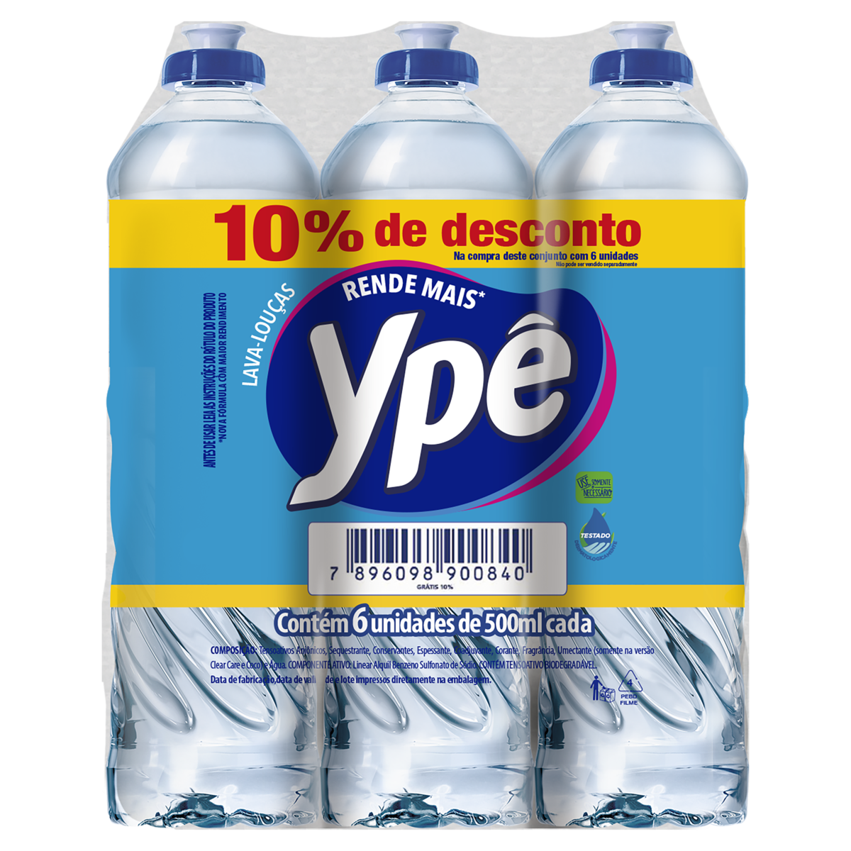Pack Lava-Louças Líquido Ypê Squeeze 6 Unidades 500ml Cada Grátis 10% de Desconto
