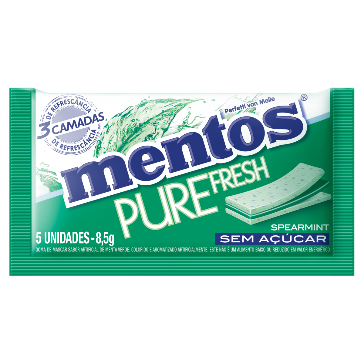 Goma de Mascar Sabor Menta Verde MENTOS Pure 3D 8,5g com 5 Unidades