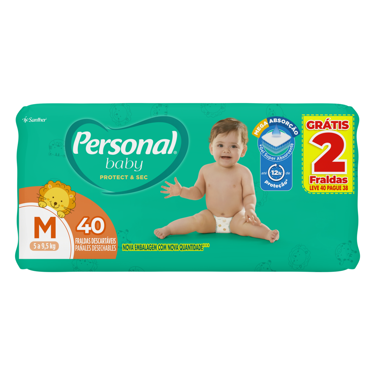 Fralda Descartável Personal Baby Protect e Sec M Pacote Leve 40 Pague 38 Unidades