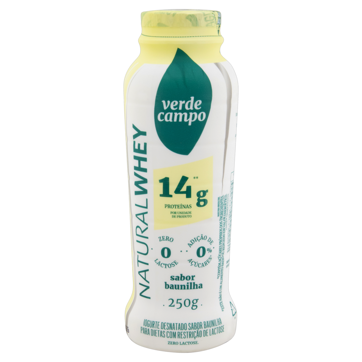 Iogurte Desnatado Baunilha Zero Lactose Verde Campo Natural Whey 14g de Proteína Frasco 250g