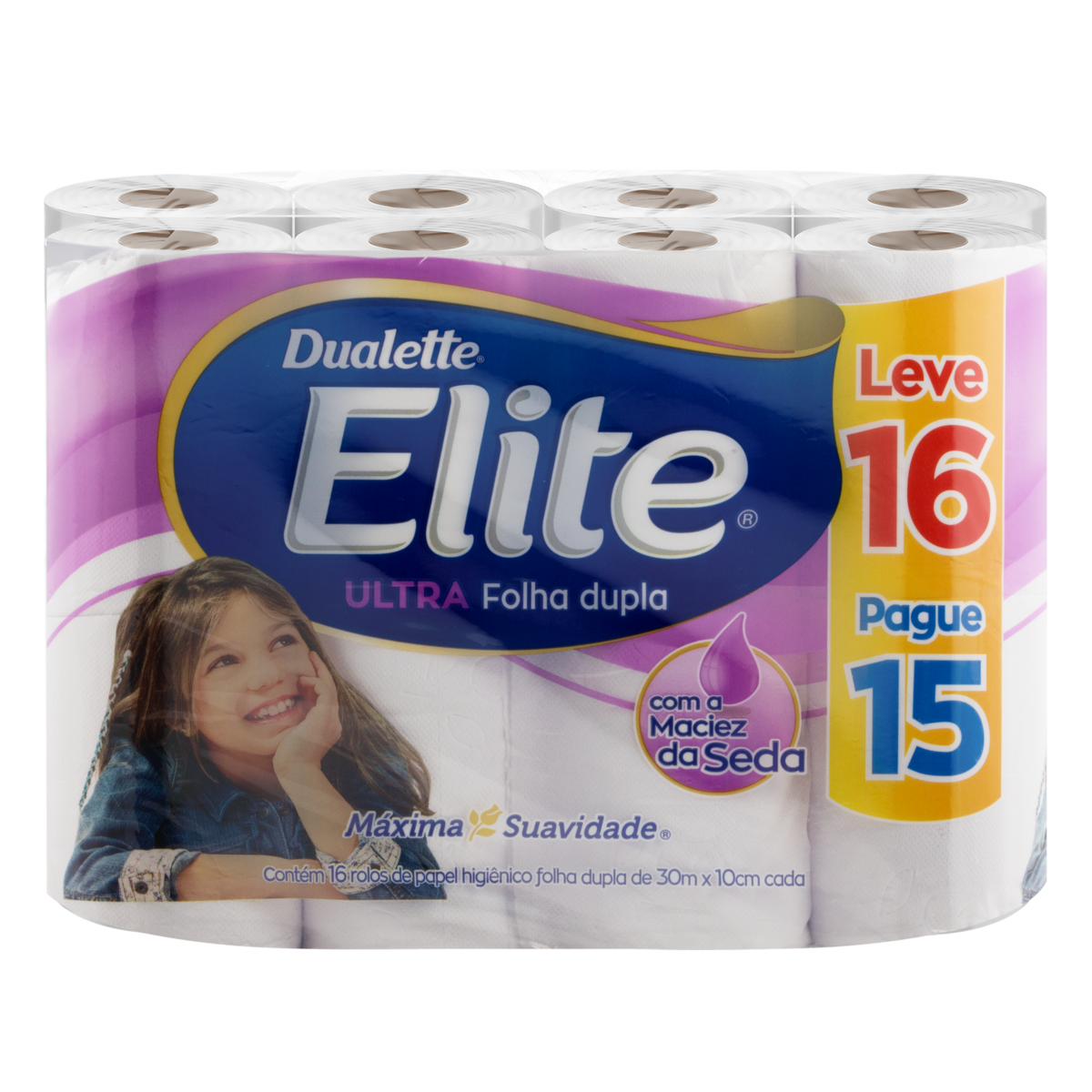 Papel Higiênico Folha Dupla Dualette Elite Ultra 30m Pacote Leve 16 Pague 15 Unidades