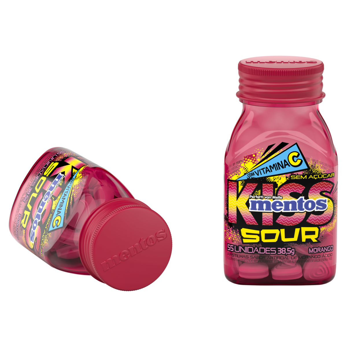 Pastilha Morango Zero Açúcar Mentos Kiss Sour Frasco 38,5g 55 Unidades