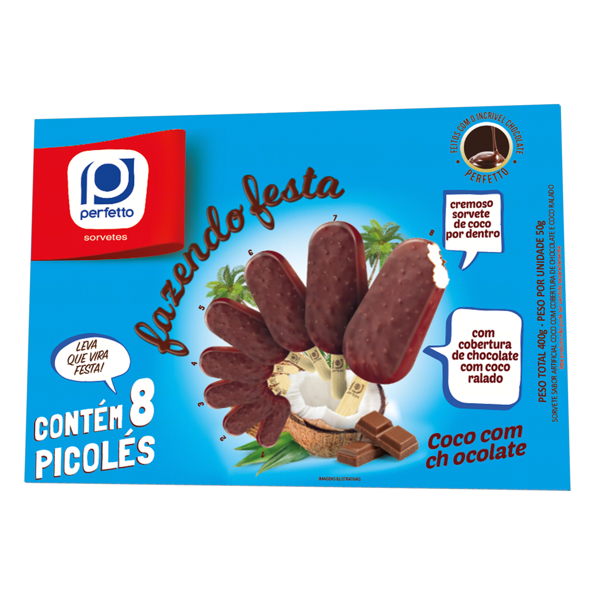 Pack Picolé Coco Cobertura Chocolate e Coco Ralado Perfetto Fazendo Festa Caixa 400g 8 Unidades