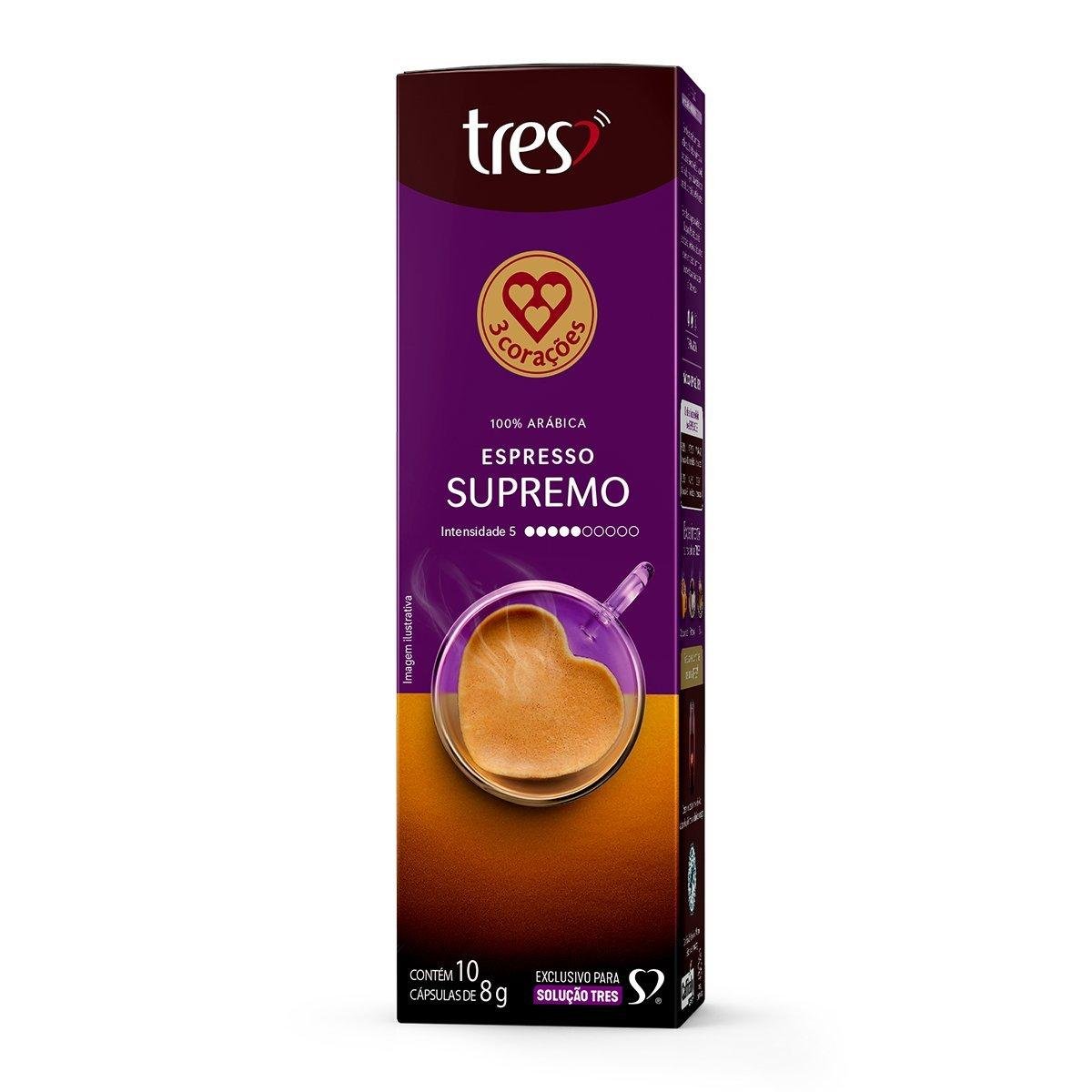 Café em Cápsula Torrado e Moído Espresso Supremo 3 Corações Caixa 10 Unidades 8g Cada
