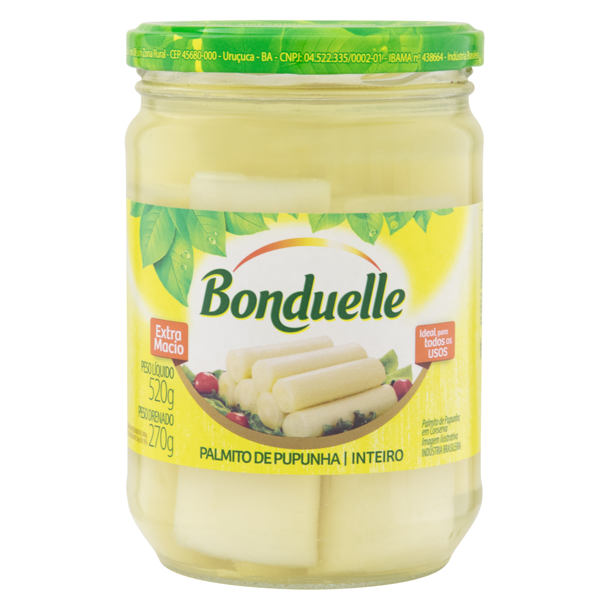 Palmito Pupunha em Conserva Inteiro Bonduelle Vidro Peso liquido 520g Peso Drenado 270g