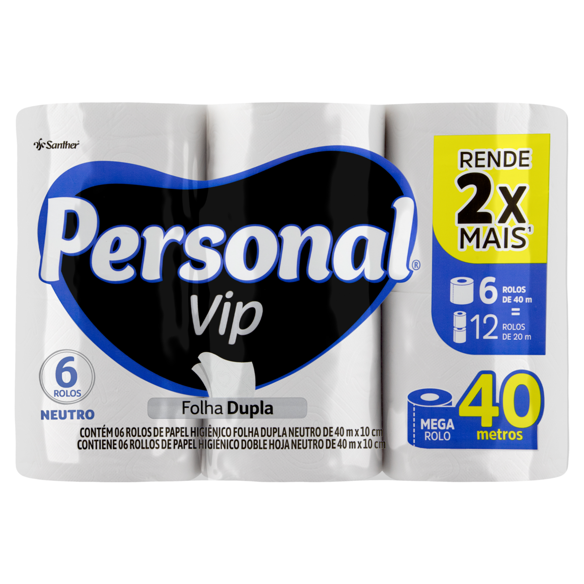 Papel Higiênico Folha Dupla Neutro Personal Vip 40m Pacote 6 Unidades