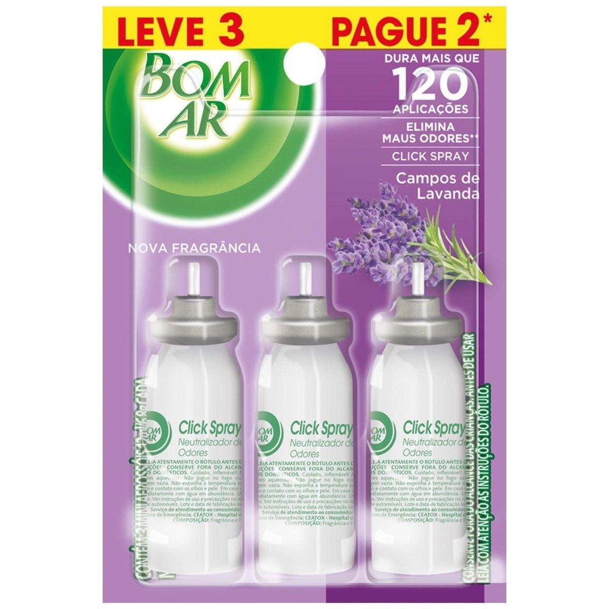 Neutralizador de Odores Campos de Lavanda Click Spray Bom Ar Blister 12ml Cada Refil Leve 3 Pague 2 Unidades