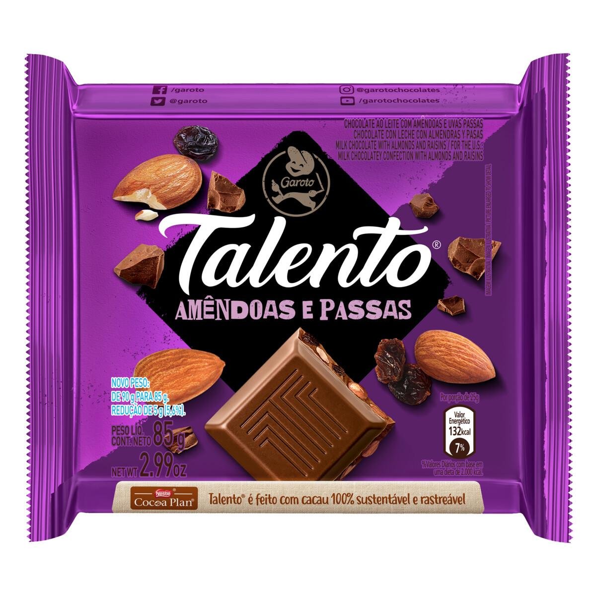 Chocolate ao Leite com Amêndoas e Passas Garoto Talento Pacote 85g