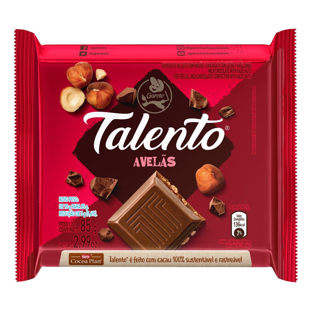 Chocolate ao Leite com Avelãs Garoto Talento Pacote 85g