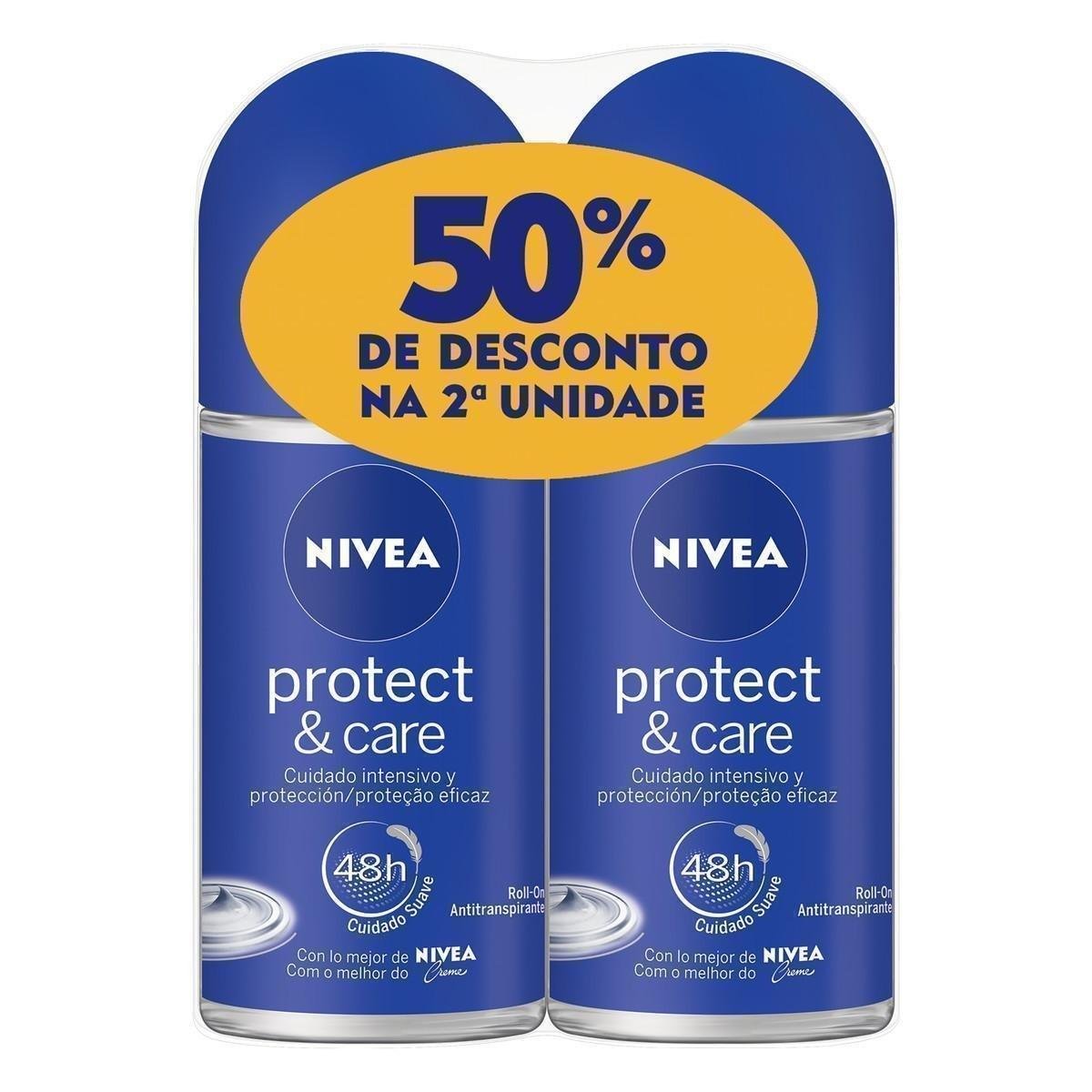 Pack Antitranspirante Roll-On Protect & Care Nivea 2 Unidades 50ml Cada Grátis 50% de Desconto na 2ª Unidade