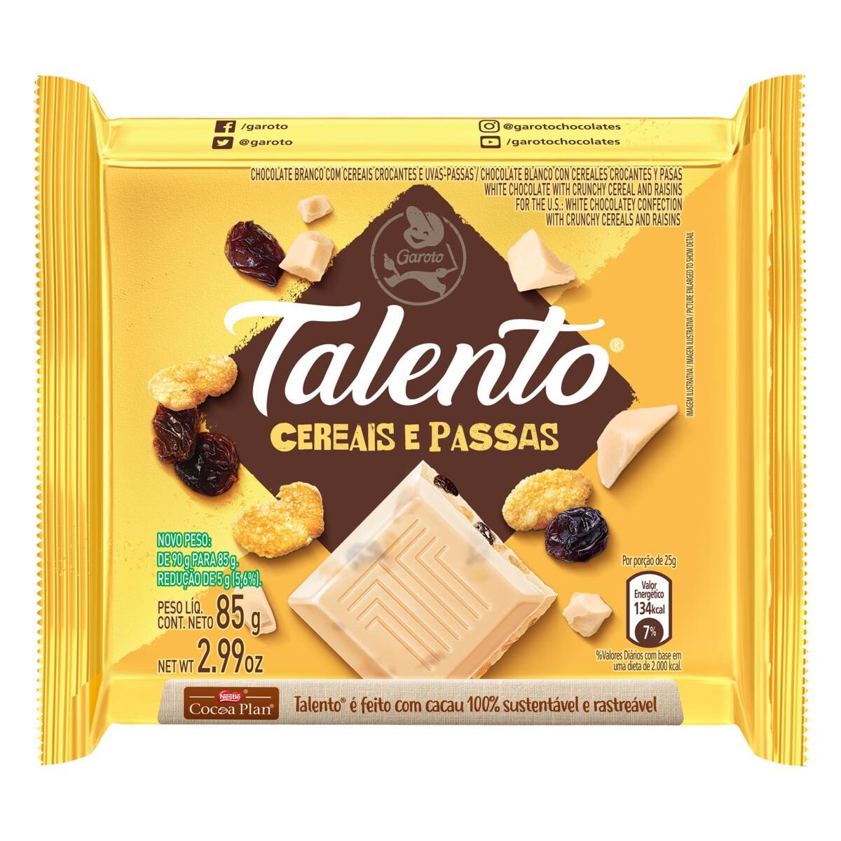 Chocolate Branco com Cereais e Passas Garoto Talento Pacote 85g