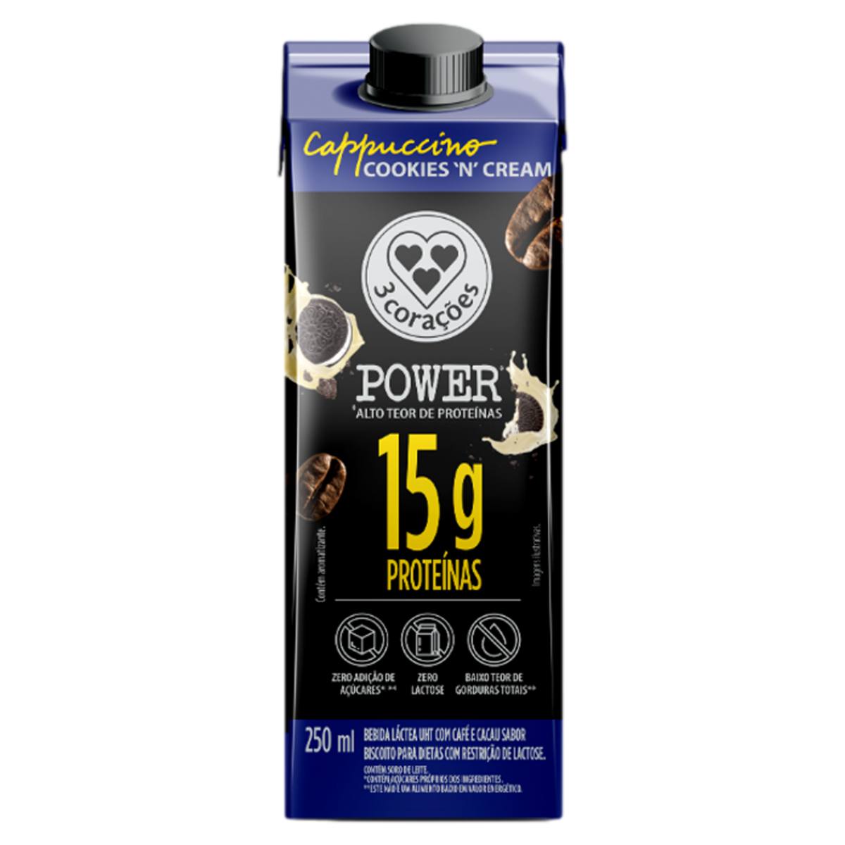 Bebida Láctea 15g Cappuccino Cookies'n Cream 3 Corações Power 250ml