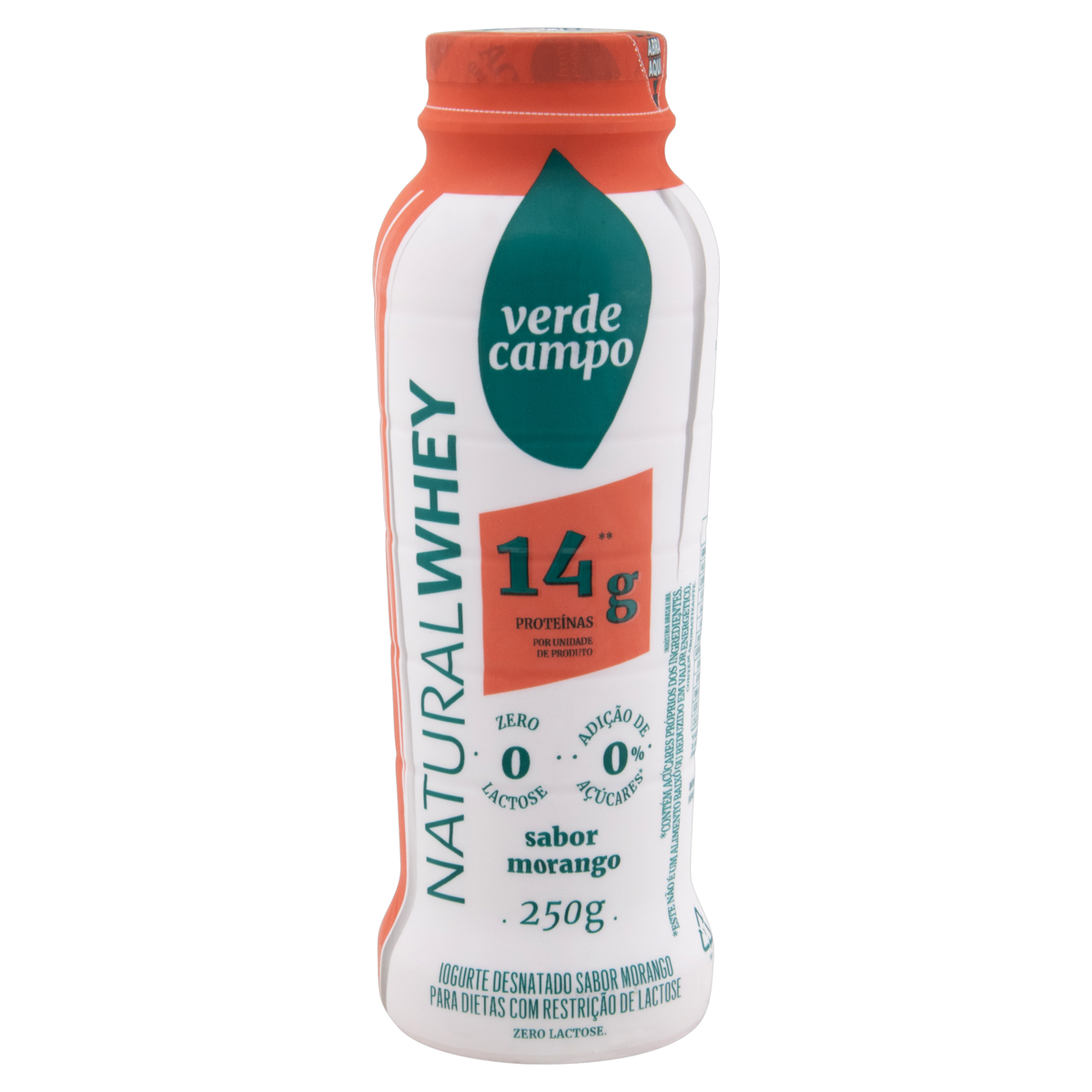 Iogurte Desnatado Morango Zero Lactose Verde Campo Natural Whey 14g de Proteína Frasco 250g