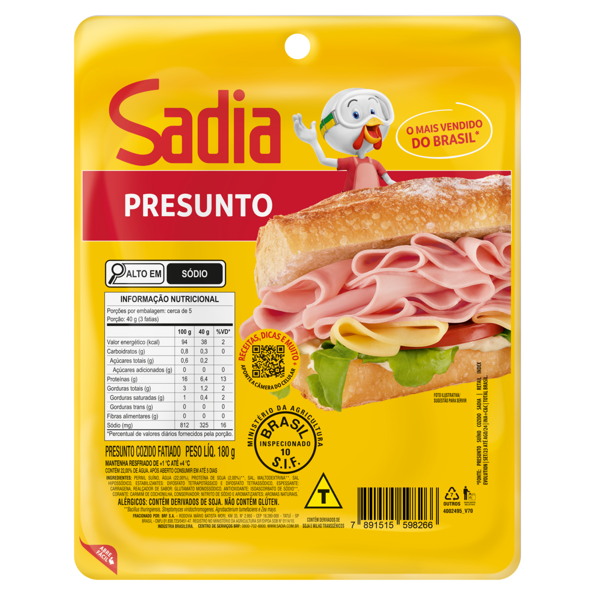 Presunto Cozido Fatiado Sadia 180g