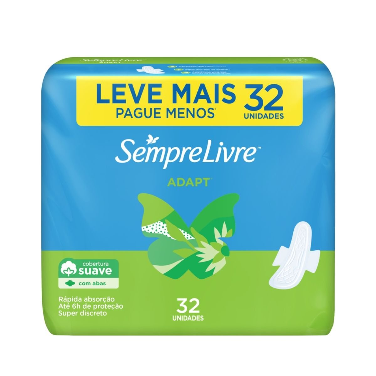Absorvente com Abas Suave Sempre Livre Adapt Pacote 32 Unidades Leve Mais Pague Menos