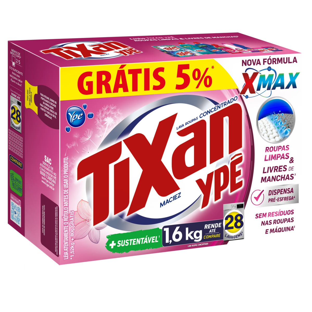 Lava-Roupas Pó Concentrado Maciez Tixan Ypê Caixa Leve 1,6kg Pague 1,52kg