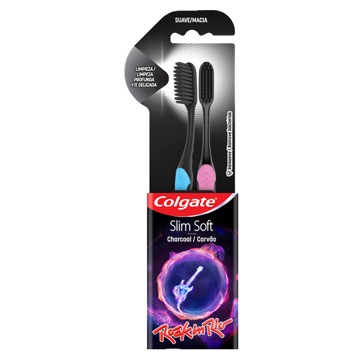 Escova Dental Macia Carvão Rock in Rio Colgate Slim Soft 2 Unidades