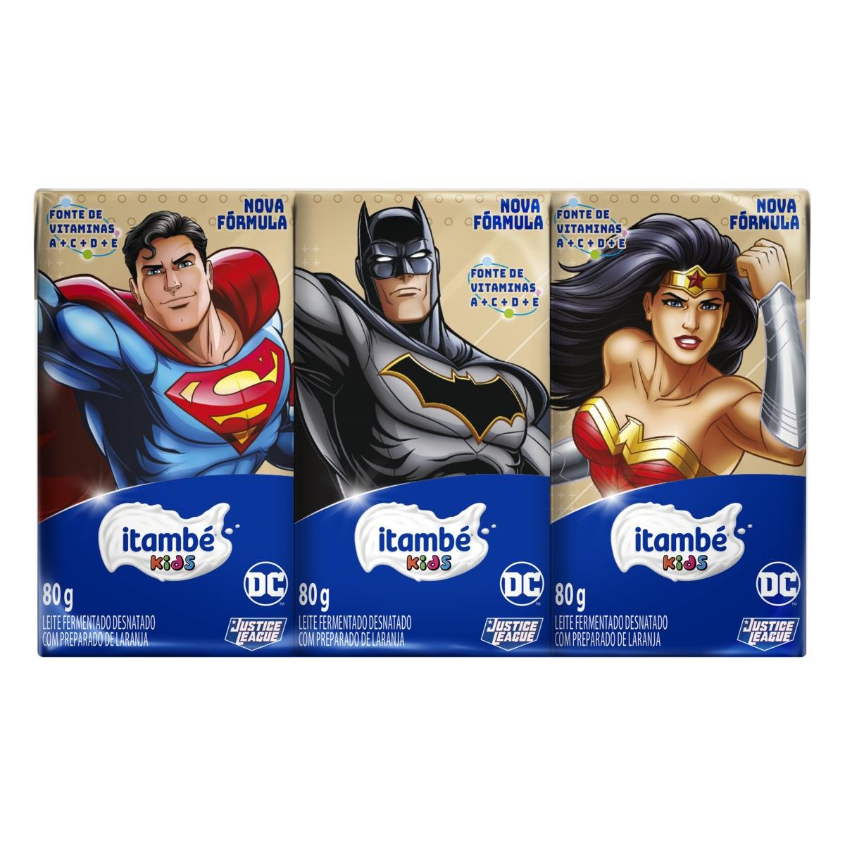 Pack Leite Fermentado Desnatado Laranja Justice League Itambé Kids Caixa 6 Unidades 80g Cada