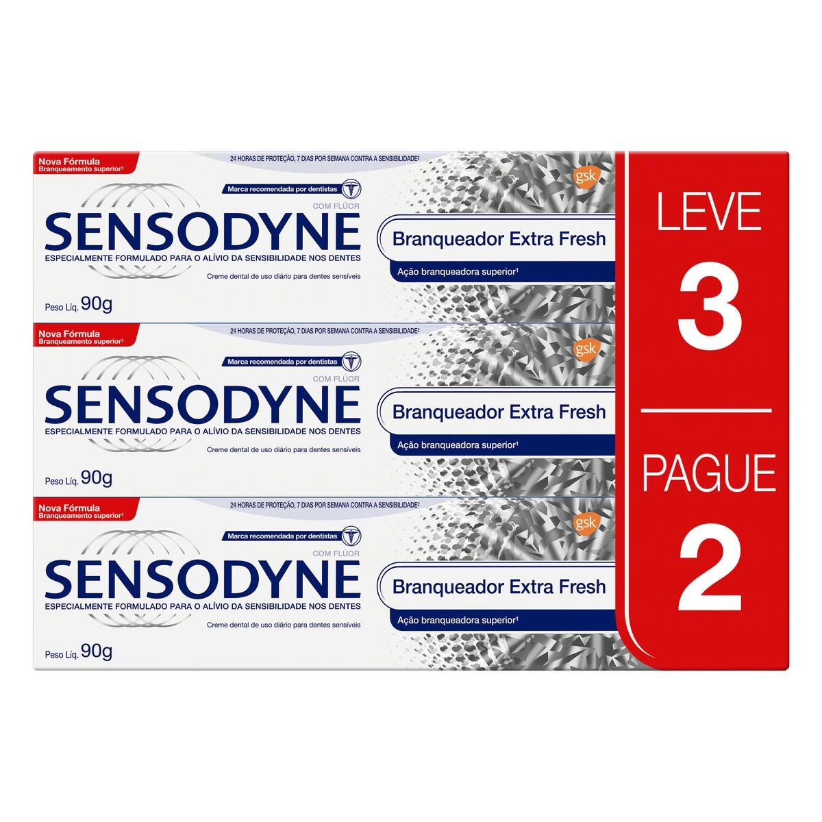 Pack Creme Dental Branqueador Extra Fresh Sensodyne Caixa 90g Cada Leve 3 Pague 2 Unidades