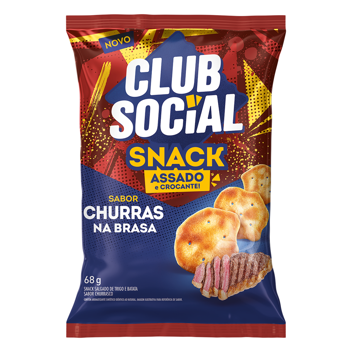 Snack de Trigo e Batata Assado Crocante Churras na Brasa Club Social Pacote 68g