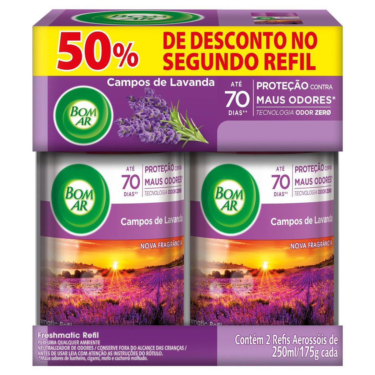 Pack Neutralizador de Odores Campos de Lavanda Freshmatic Bom Ar Frasco 2 Unidades 250ml Cada Spray Grátis 50% de Desconto no Segundo Refil