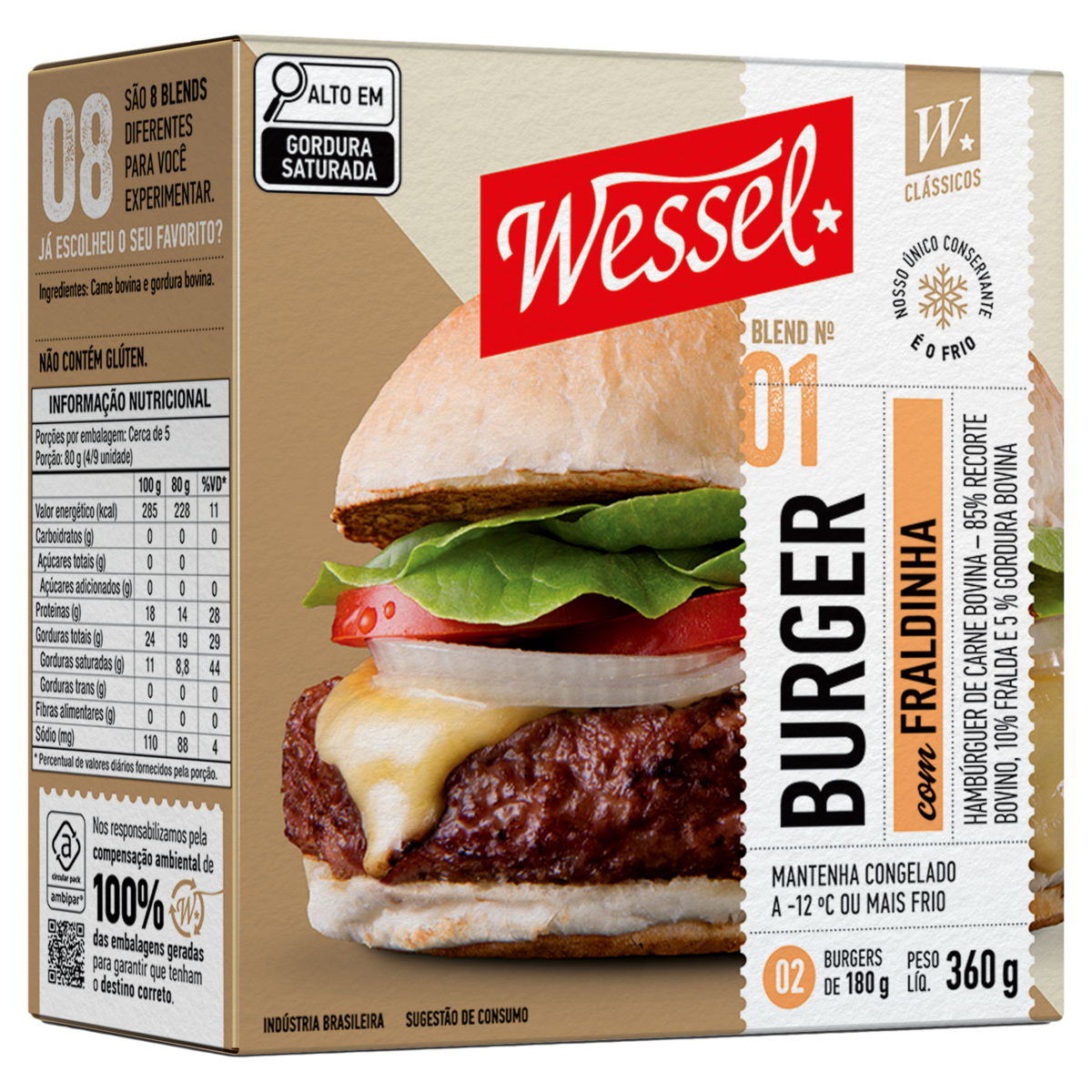 Hambúrguer de Carne Bovina Fraldinha Blend Wessel Caixa 360g 2 Unidades