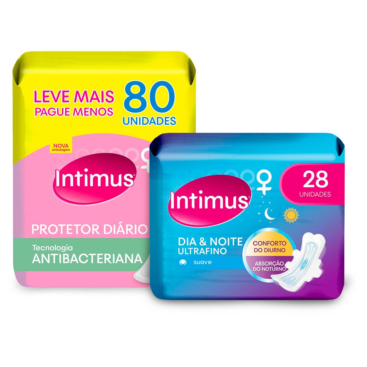 Kit Protetor Diário Intimus Tecnologia Antibacteriana 80 unidades + Absorvente Externo Intimus Dia e Noite Ultrafino Extra Suave com Abas 28 Unidades 