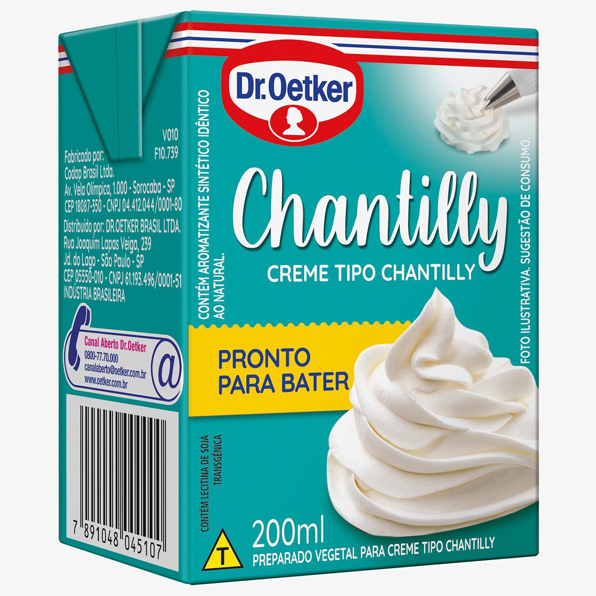 Dr. Oetker Creme Tipo Chantilly UHT, Para Rechear e Decorar Bolos, Pavês e Sobremesas, Textura Leve e Suave, Pronto Para Bater, 200ml