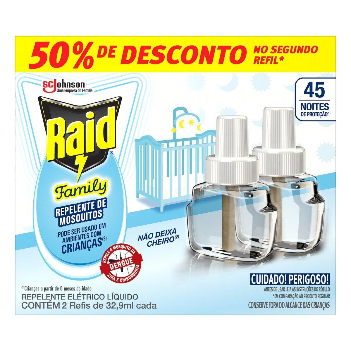 Repelente Líquido Elétrico 45 Noite Raid Family Caixa 2 Unidades 32,9ml Cada Grátis 50% de Desconto no Segundo Refil