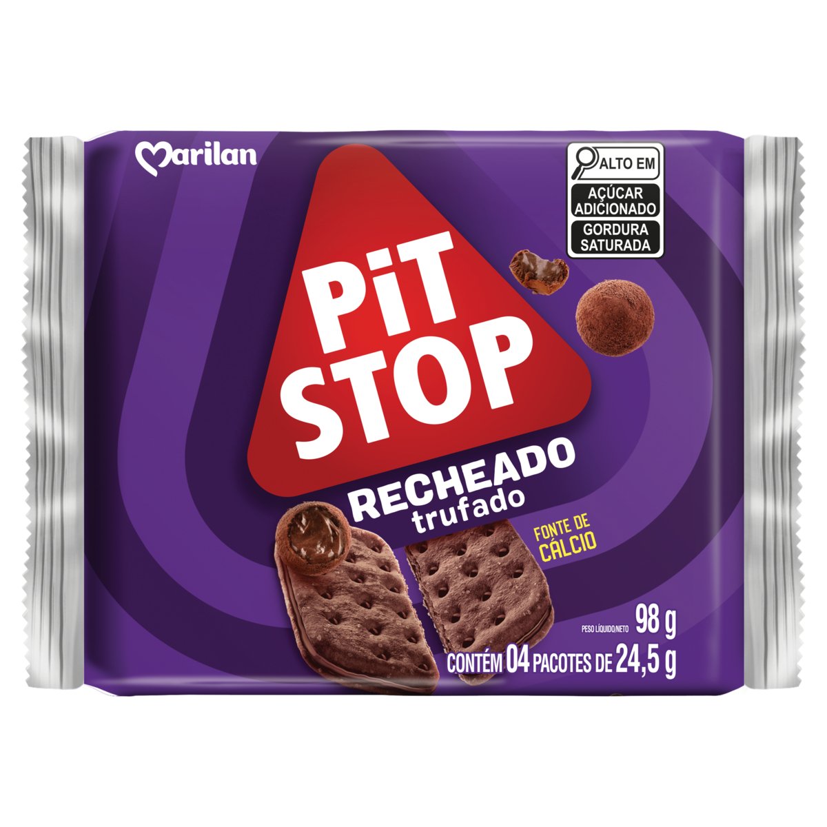 Pack Biscoito Chocolate Recheio Chocolate Trufado Marilan Pit Stop Pacote 98g 4 Unidades