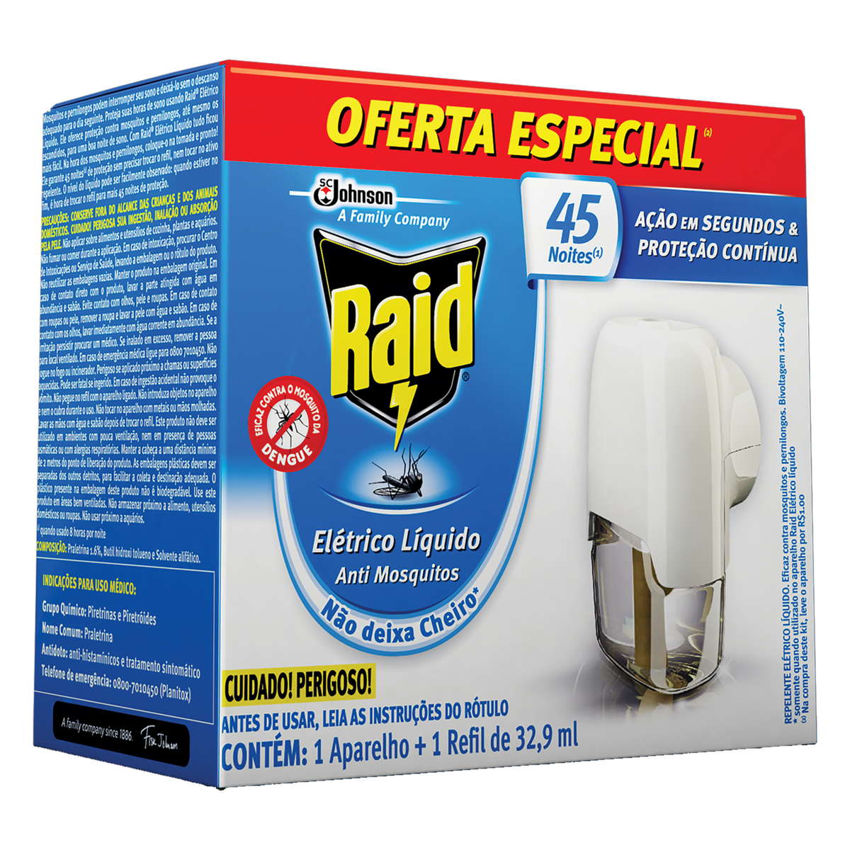 Kit Aparelho Elétrico + Refil Repelente Líquido 45 Noites Raid 32,9ml