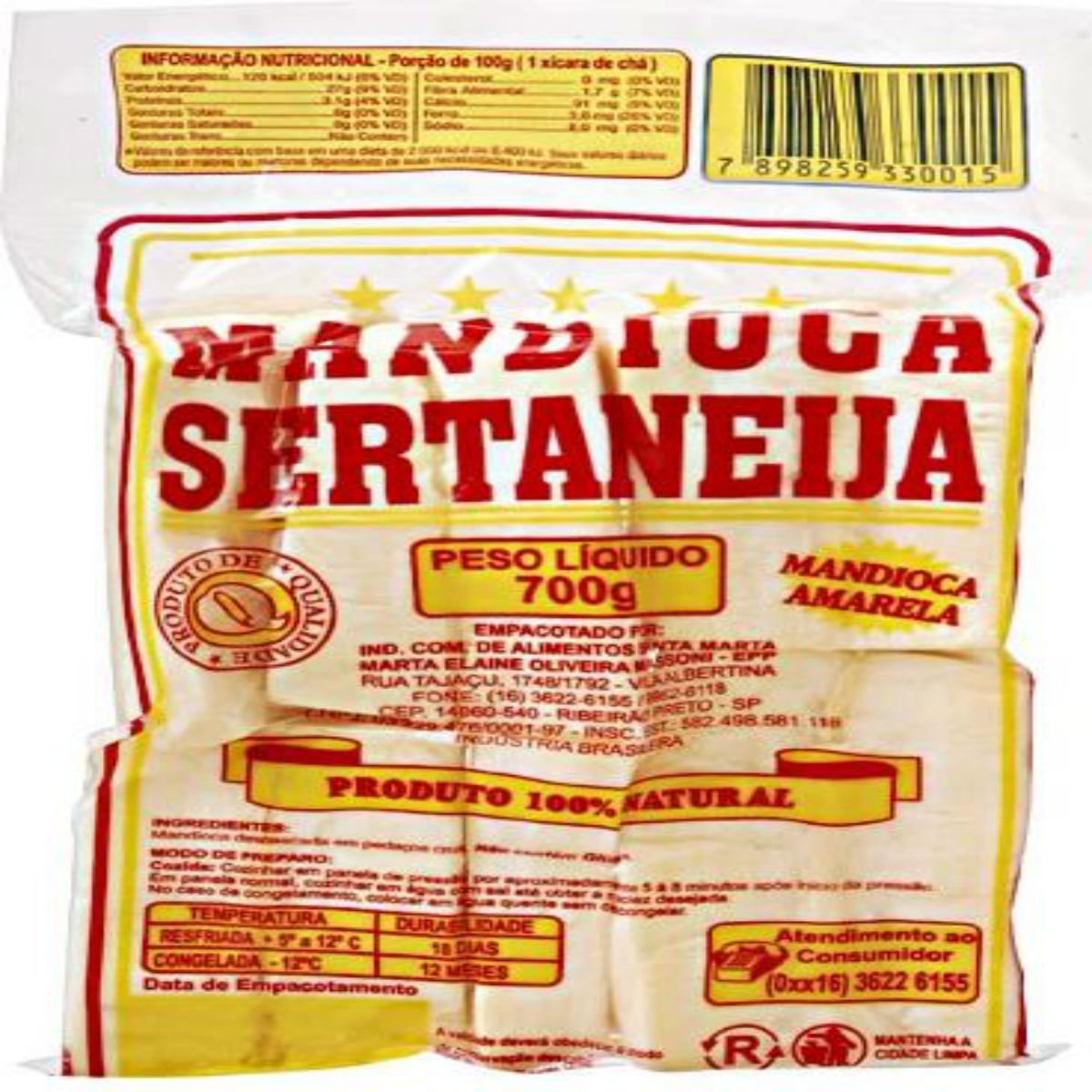Mandioca Amarela Descascada SERTANEIJA Pacote 700g
