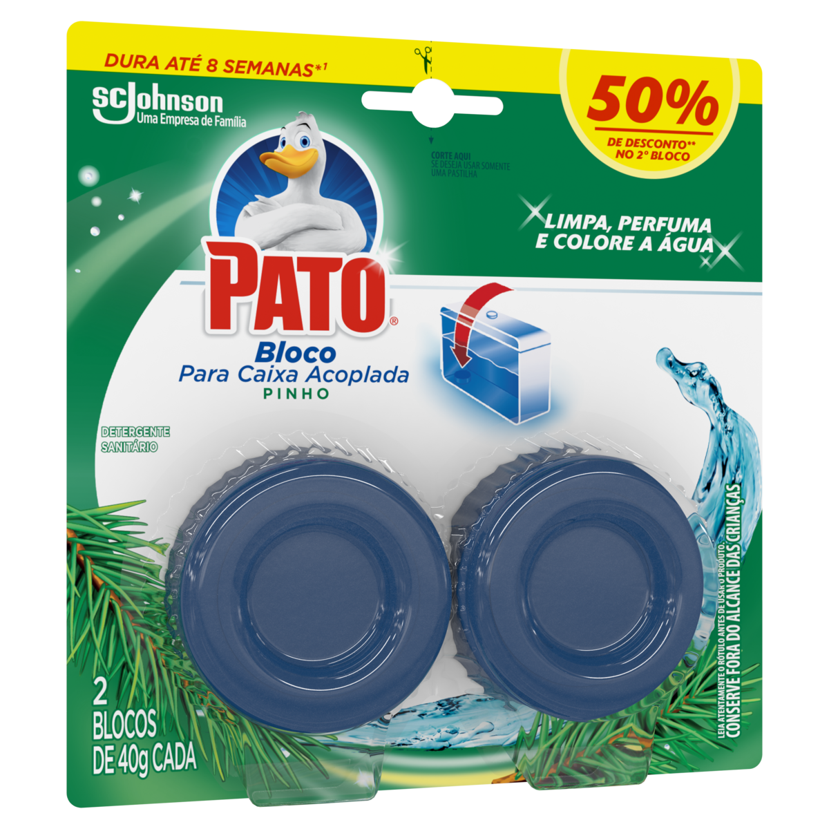 Detergente Sanitário Bloco para Caixa Acoplada Pinho Pato 2 Unidades 40g Cada Grátis 50% de Desconto no 2° Bloco