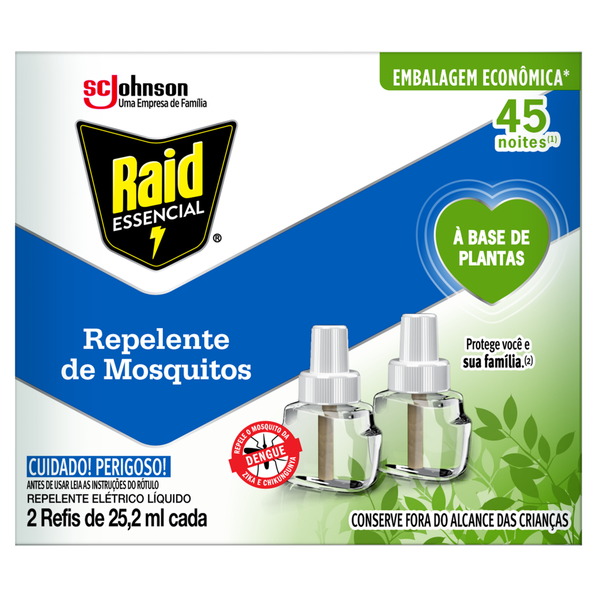 Repelente Elétrico Líquido 45 Noites à Base de Plantas Raid Essencial Caixa 2 Unidades 25,2ml Cada Refil Embalagem Econômica
